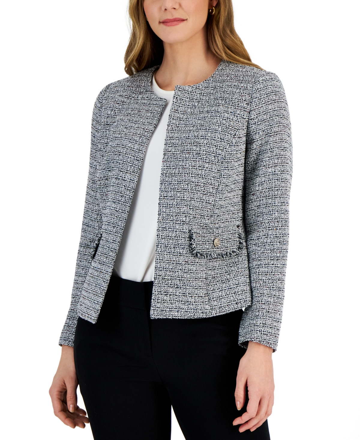 Kasper Women's Collarless Tweed Cardigan Open-Front Jacket | Macys (US)
