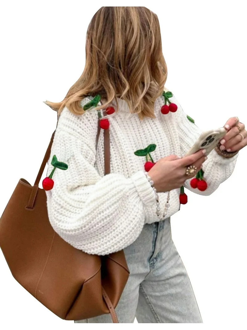 Cogild Knitted Oversized Sweaters for Womens with Cherry Embellishments for Casual Wear Solid Col... | Walmart (US)
