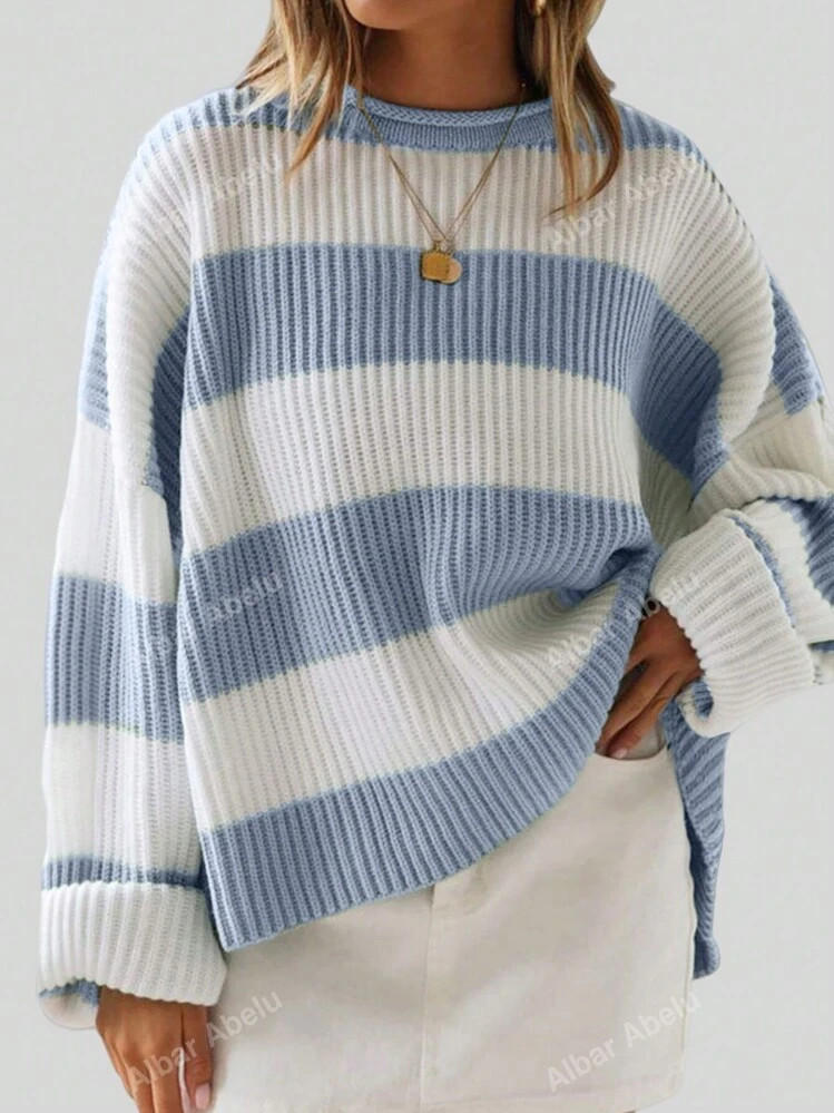 Women Contrast Color Stripe Batwing Loose Sweater | SHEIN