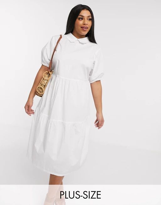 Daisy Street Plus midaxi smock dress with tiered skirt and puff sleeves in cotton | ASOS (Global)