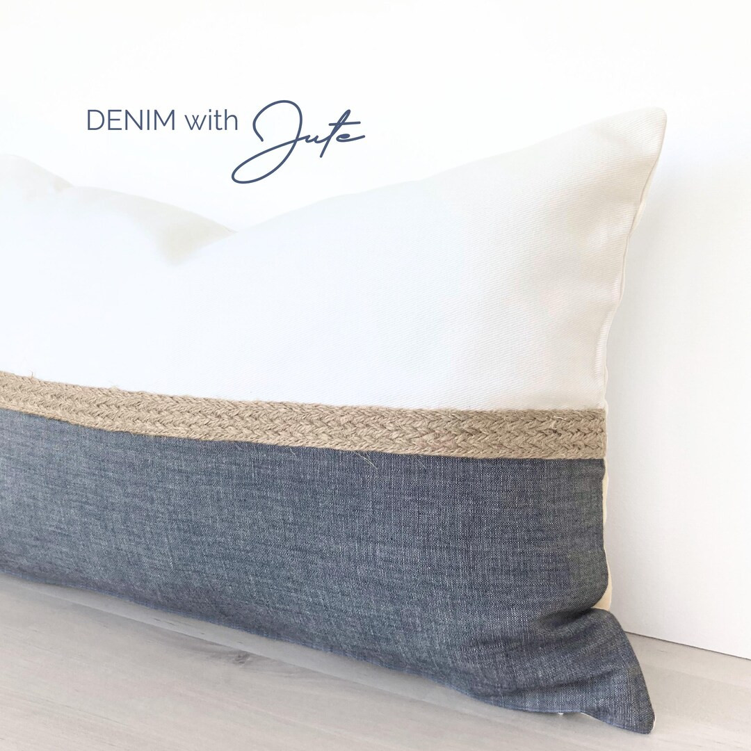 Coastal Blue Lumbar Pillow Cover, Denim Blue Pillow Cover, Jute Rope Textured Throw Pillow Cover,... | Etsy (US)