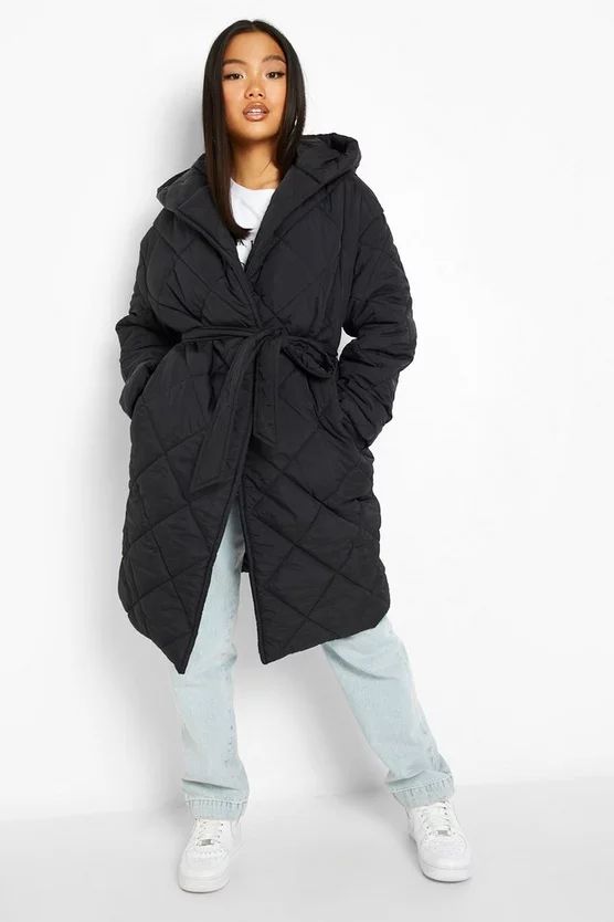 Petite Diamond Quilted Belted Puffer | Boohoo.com (UK & IE)