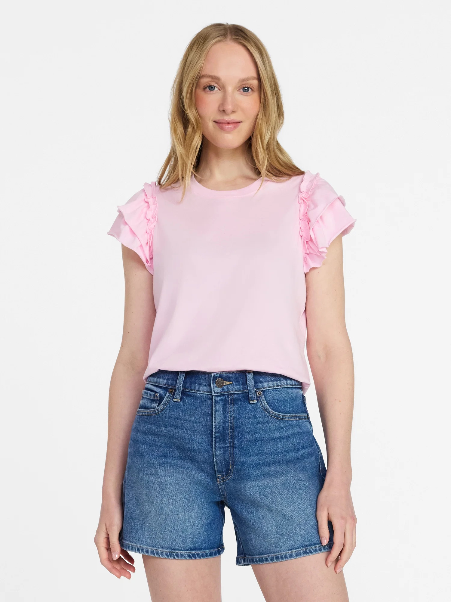 Time and Tru Women's Cotton Crewneck Tee with Ruffle Flutter Sleeves, Sizes XS-XXXL | Walmart (US)