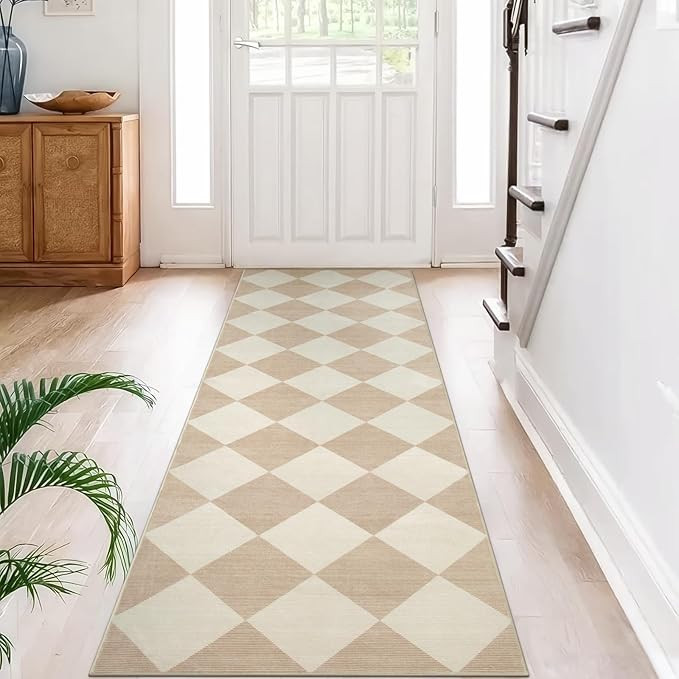 Beeiva Checkered Print Rug Runners for Hallways Non Slip 2.5x8, Ultra Thin Beige Kitchen Runner R... | Amazon (US)