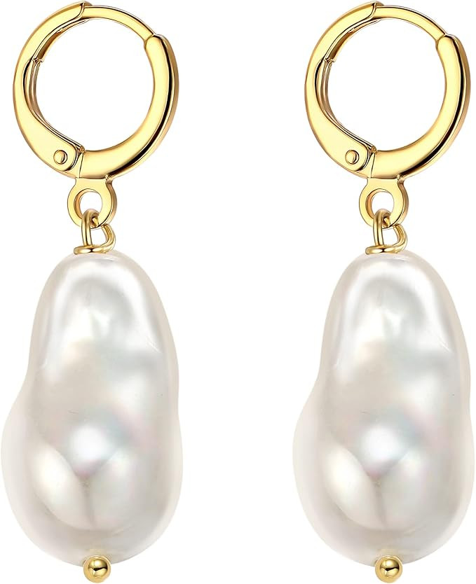 Big Simulated Baroque Pearl Hoop Earrings for Women | Pearl Drop Dangle Earrings 14k Gold Small H... | Amazon (US)
