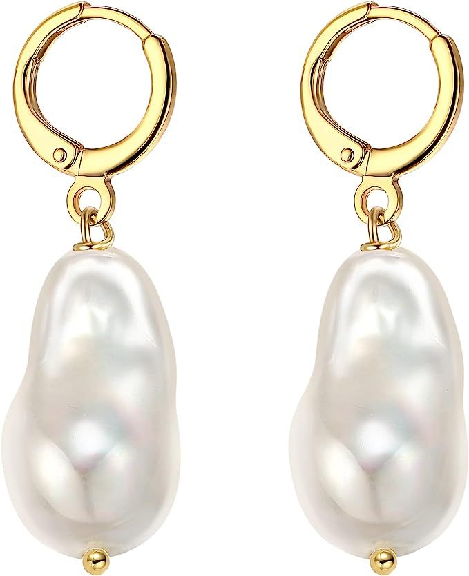 Big Simulated Baroque Pearl Hoop Earrings for Women | Pearl Drop Dangle Earrings 14k Gold Small H... | Amazon (US)