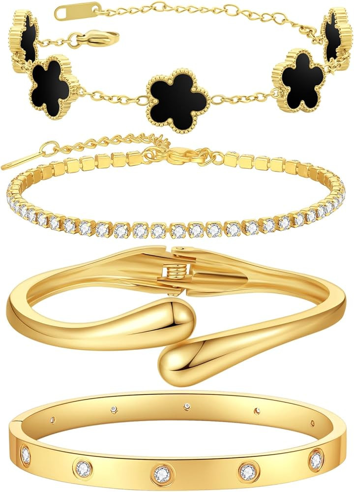 PDWZNBA 18K Gold-Plated Bracelet Set – Floral Clover, Tennis, Chunky Adjustable Twist Cuff, Cla... | Amazon (US)