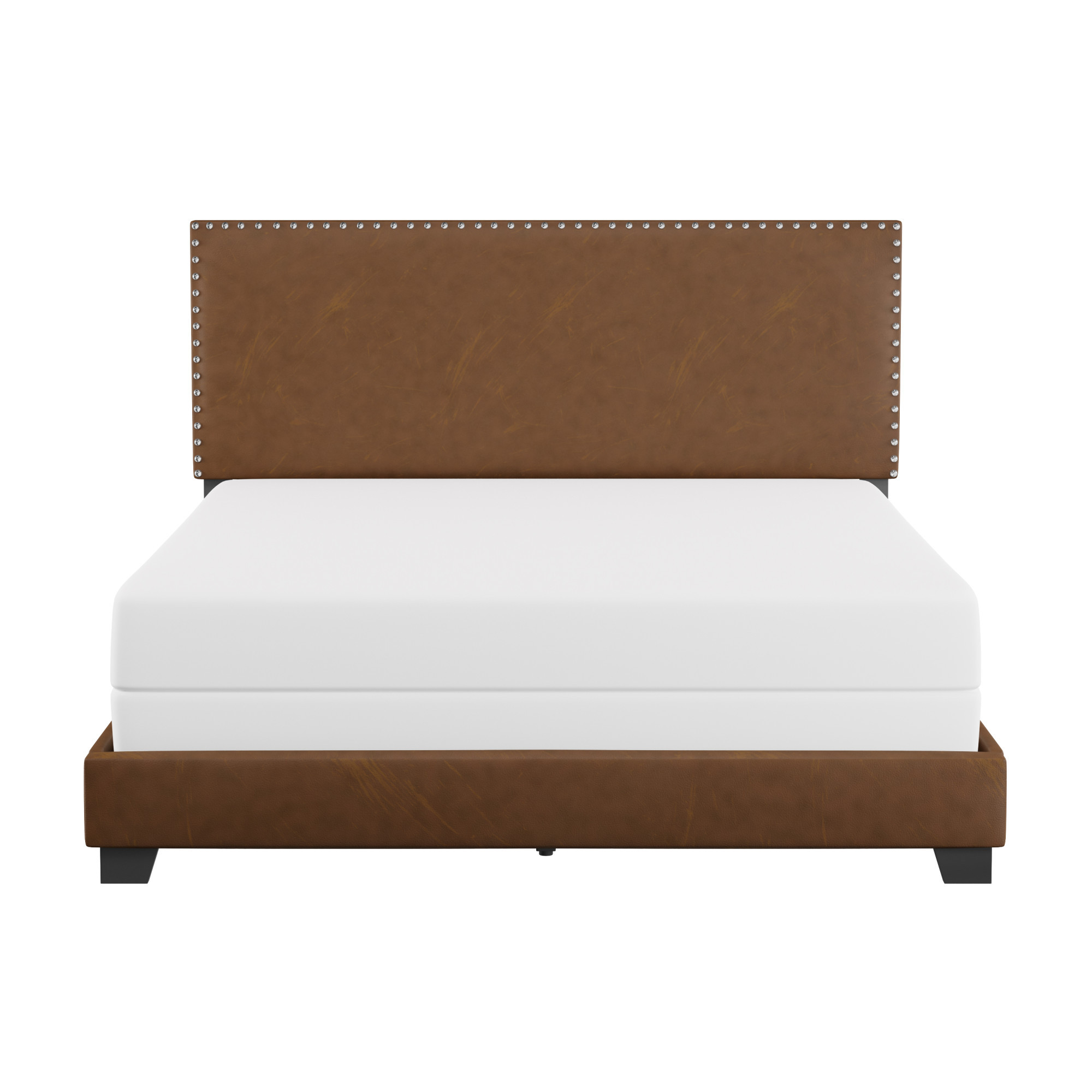Willow Nailhead Trim Upholstered Queen Bed, Saddle Brown Faux Leather - Walmart.com | Walmart (US)