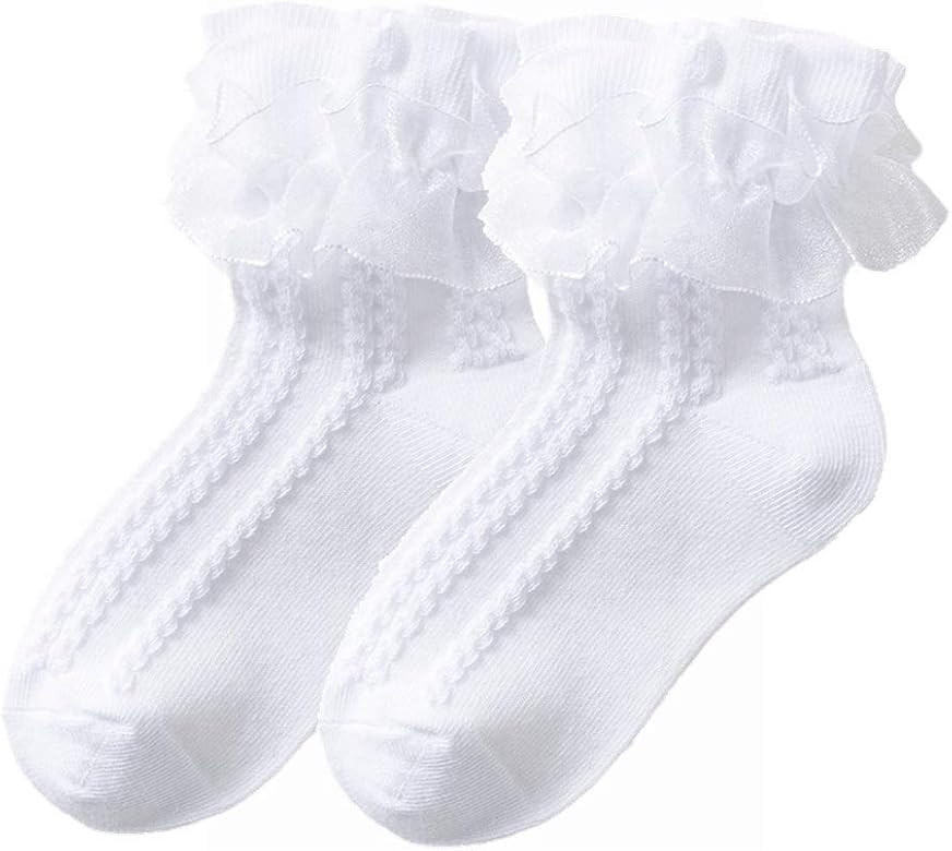 YUEN Little Girls Cotton Lace Socks,Lace Ruffle Frilly Comfortable Princess Style Dress Socks | Amazon (US)