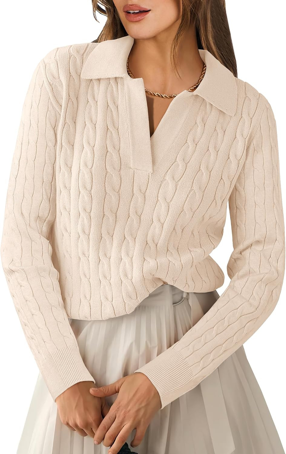ANRABESS Womens Cable Knit Sweaters Long Sleeve Polo Fall Outfits | Amazon (US)
