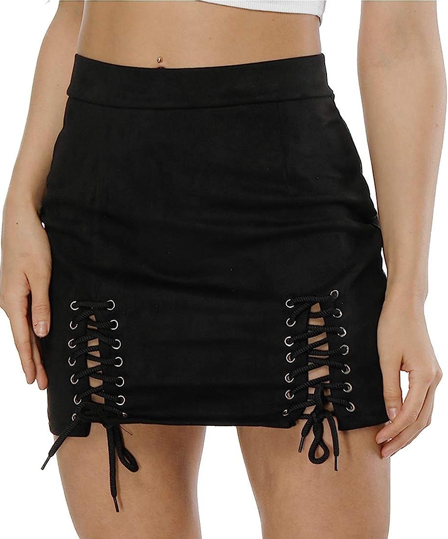 Women's Faux Suede Mini Skirt Sexy Criss Cross Tight Bodycon High Waist Stretch Short Mini Skirt | Amazon (US)