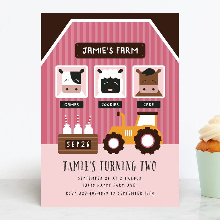 "Happy Farm" - Customizable Children's Birthday Party Invitations in Red or Beige by iamtanya. | Minted
