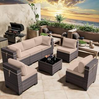 Halmuz 7-Piece Wicker Outdoor Sectional Set with Cushion Sand 7PS-Sand - The Home Depot | The Home Depot