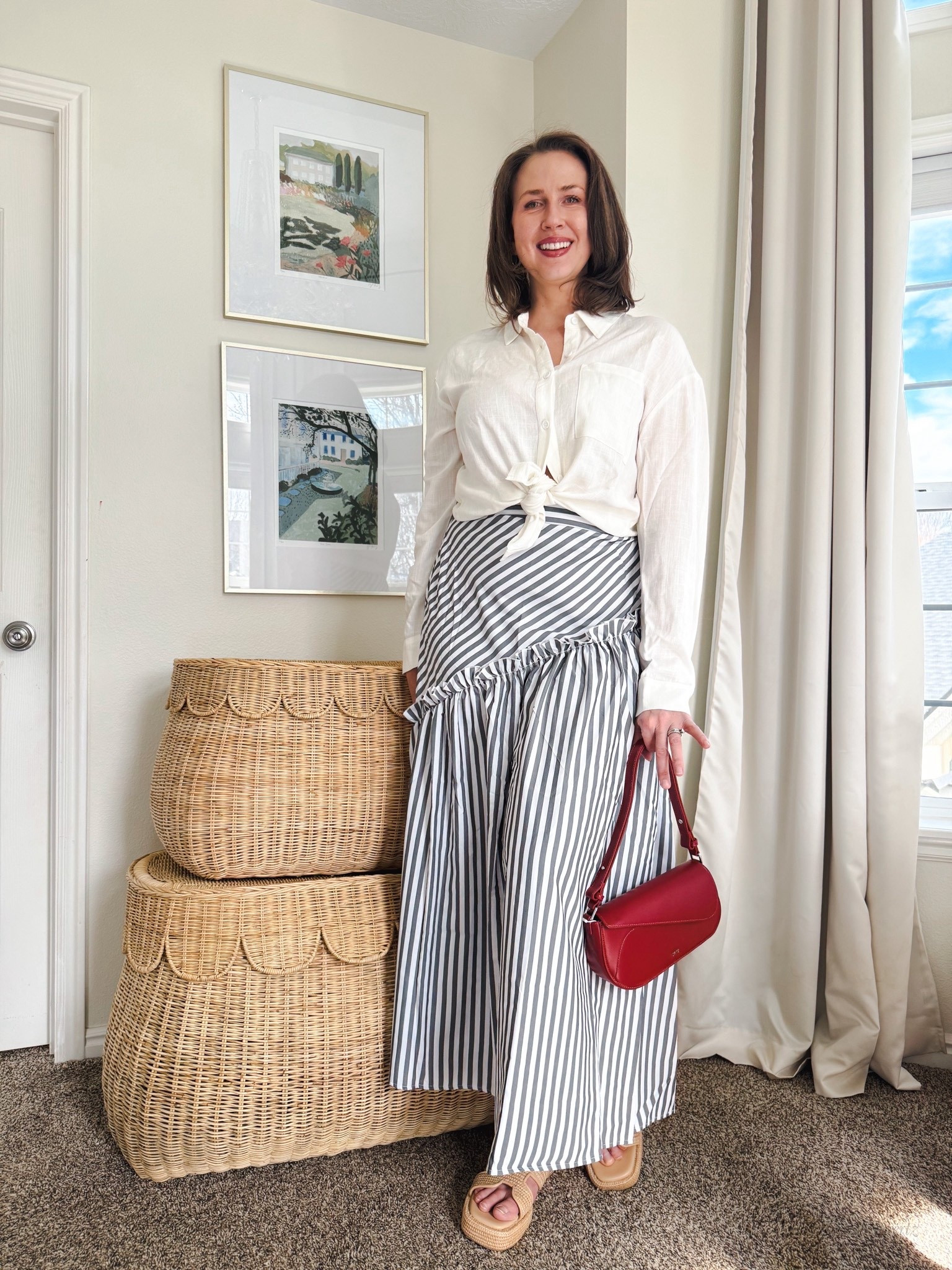 A maxi skirt for spring and summer. This cute striped grey maxi dress is light and airy (I’m wearing a large). I’ve paired it with a button up shirt, red leather purse, and raffia sandals. 

@ltk 
#date night outfits #spring outfits 2026 #vacation outfits beach #ltkshoecrush

#LTKTall #LTKOver40 #LTKootd