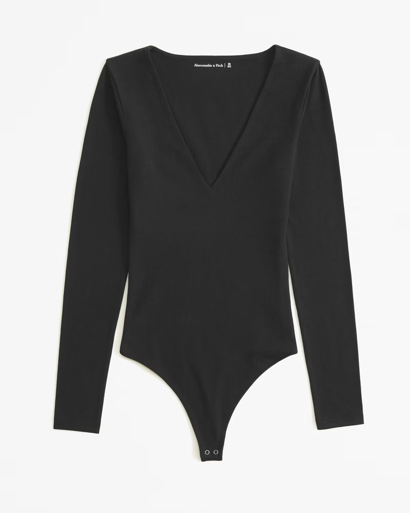 Long-Sleeve Cotton Seamless Fabric V-Neck Bodysuit | Abercrombie & Fitch (US)