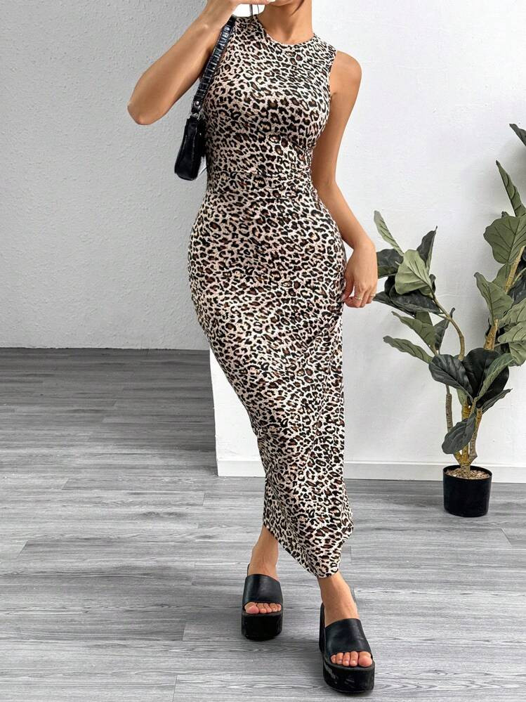 SHEIN EZwear Leopard Print Knitted Sleeveless Bodycon Dress For Women,Summer Dresses For Women | SHEIN