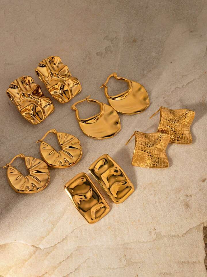 Uworld 1pair Fashion Hammer Pattern Texture Geometric 18K Gold Plated Stainless Steel Hoop Earrin... | SHEIN