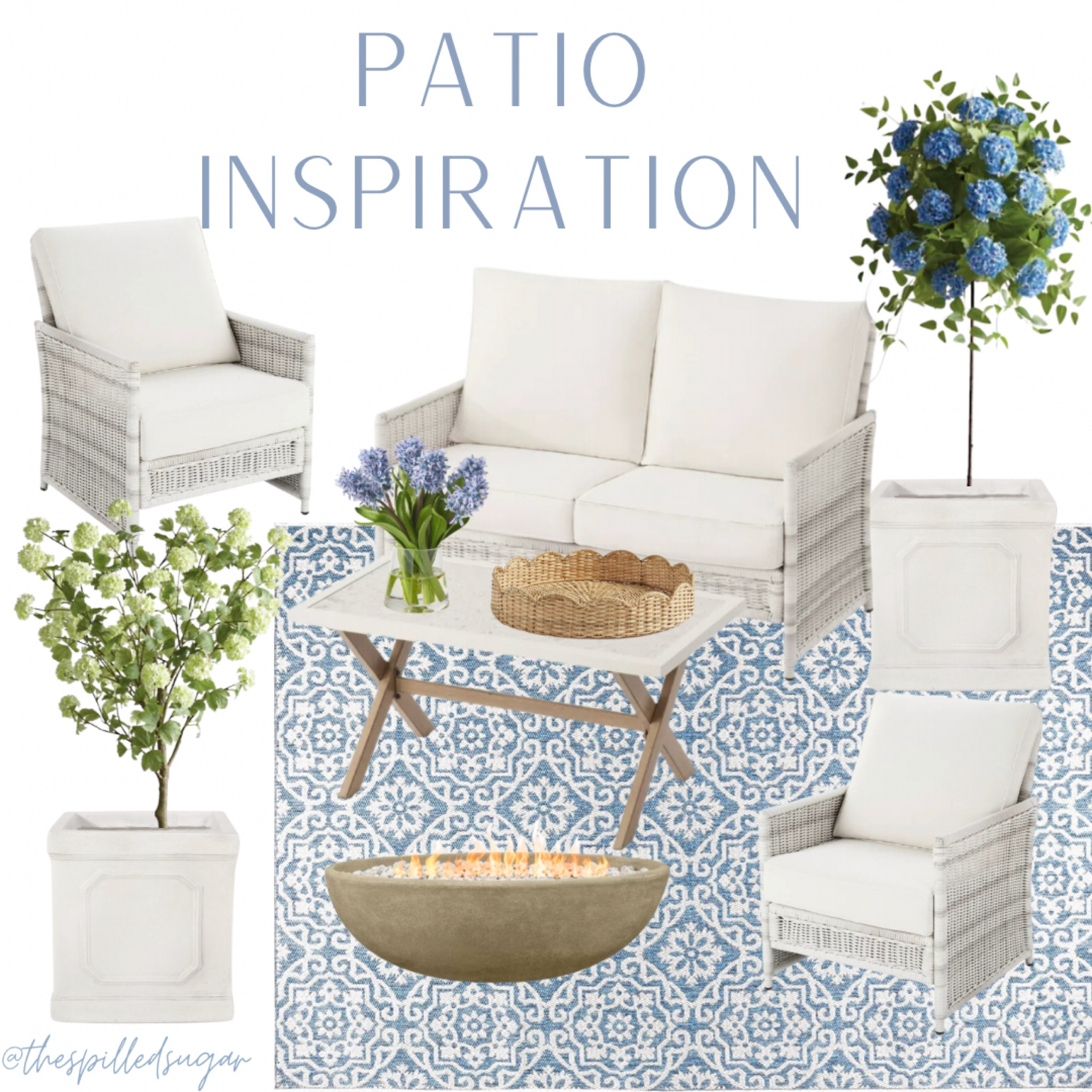 Blue and white patio decor inspo! 
Hydrangea trees are on sale, and patio furniture set is under 1k!

Fire pit, white wicker, white outdoor furniture, blue and white decor, coffee table, rattan, outdoor rug, scalloped tray

#LTKSeasonal #LTKGiftGuide #LTKhome