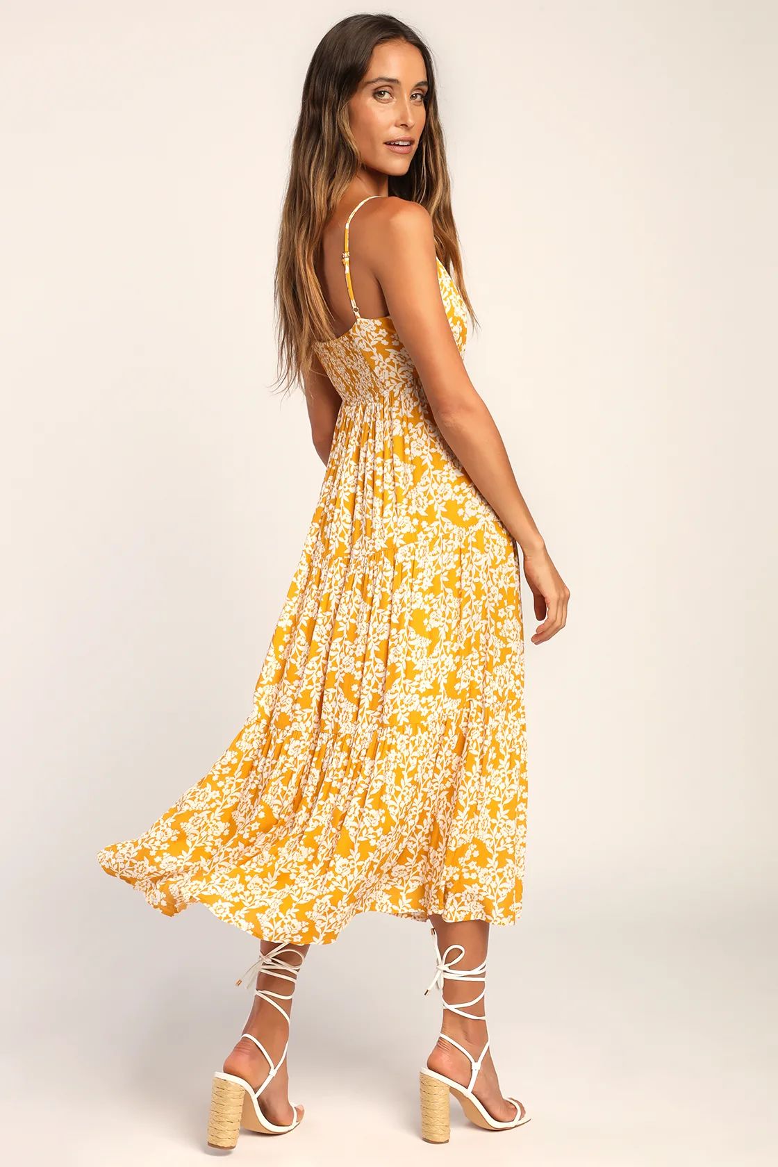 Catching Sunrays Mustard Yellow Floral Print Midi Dress | Lulus