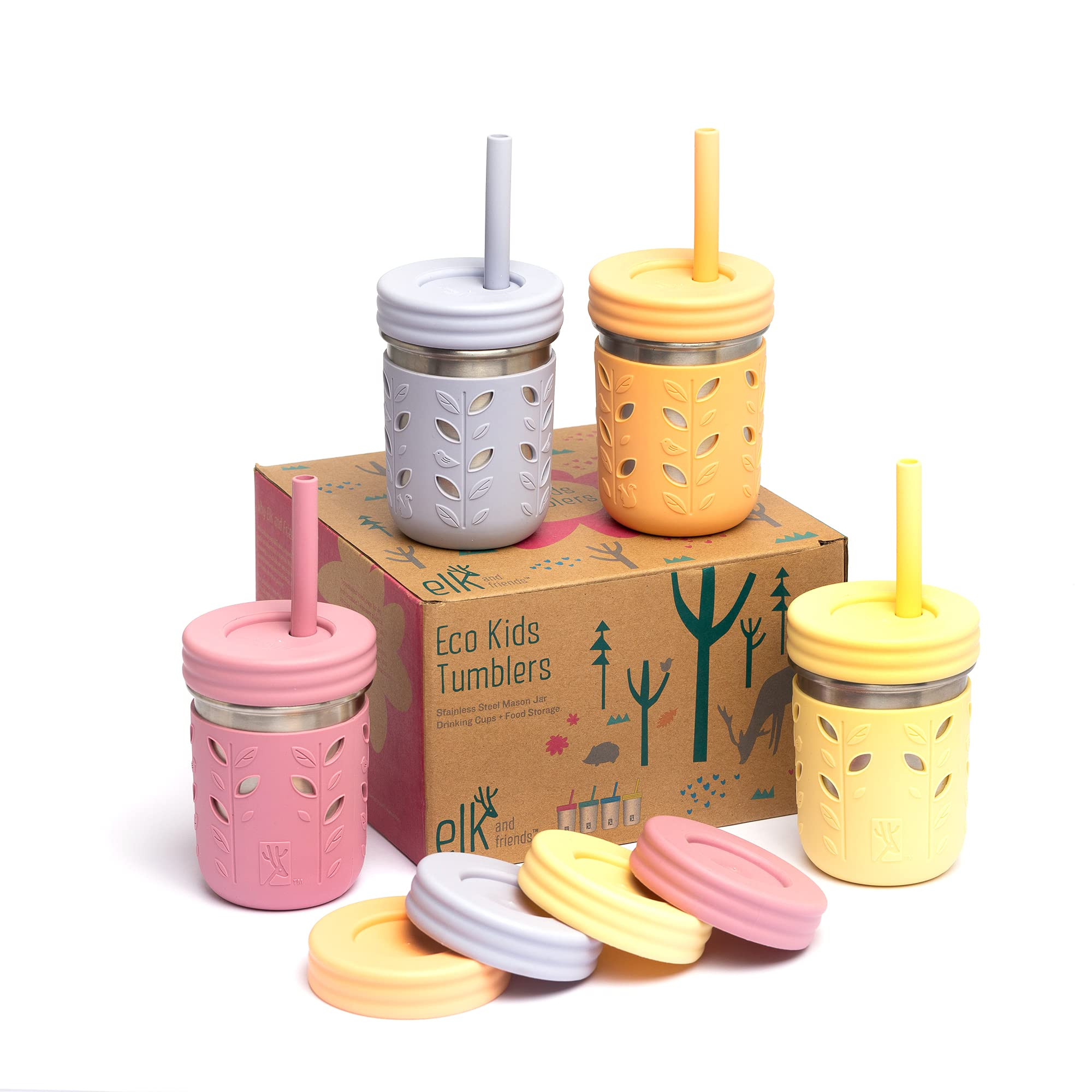 Elk and Friends Stainless Steel Cups | 10 oz Mason Jar design | Kids & Toddler Cups with Silicone... | Amazon (US)