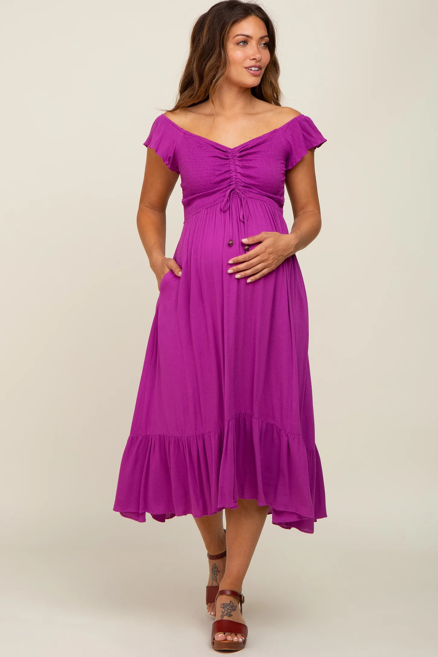 Magenta Smocked Ruched Ruffle Hem Maternity Maxi Dress | PinkBlush Maternity