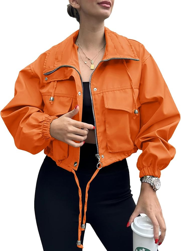 Tankaneo Womens Cropped Jacket Zip Up Lightweight Oversized Utility Anorak Coat with Pockets | Amazon (US)