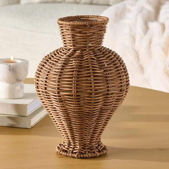 Better Homes & Gardens Woven Faux Rattan Indoor Vase, 10", Brown | Walmart (US)