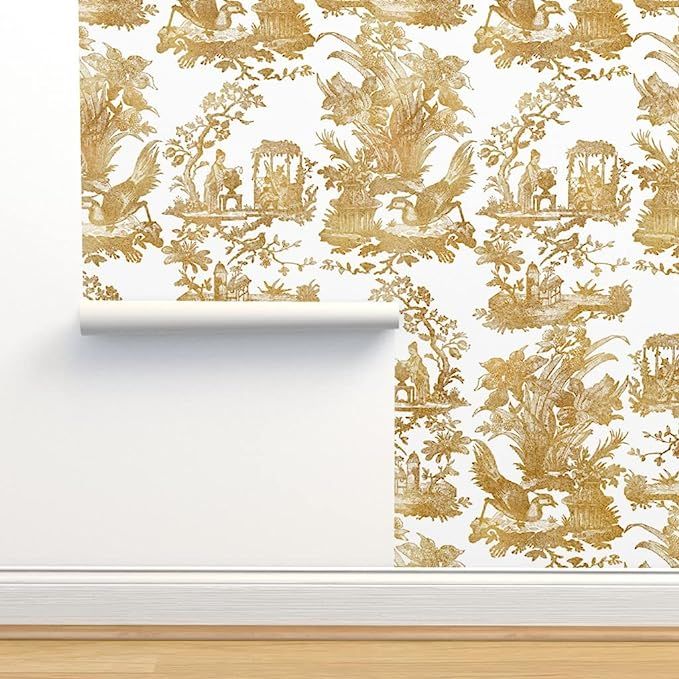 Peel & Stick Wallpaper Swatch - Vintage Style Chinoiserie Toile White Faux Gold Asian Inspired Cu... | Amazon (US)