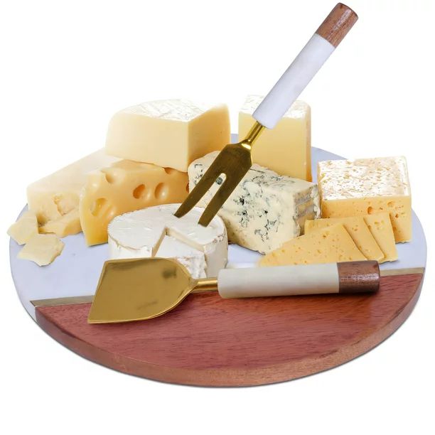 Luxe Designs | Wood & White Marble Cheese Cutting Board with Knife Set - 12" Serving Tray for Cha... | Walmart (US)