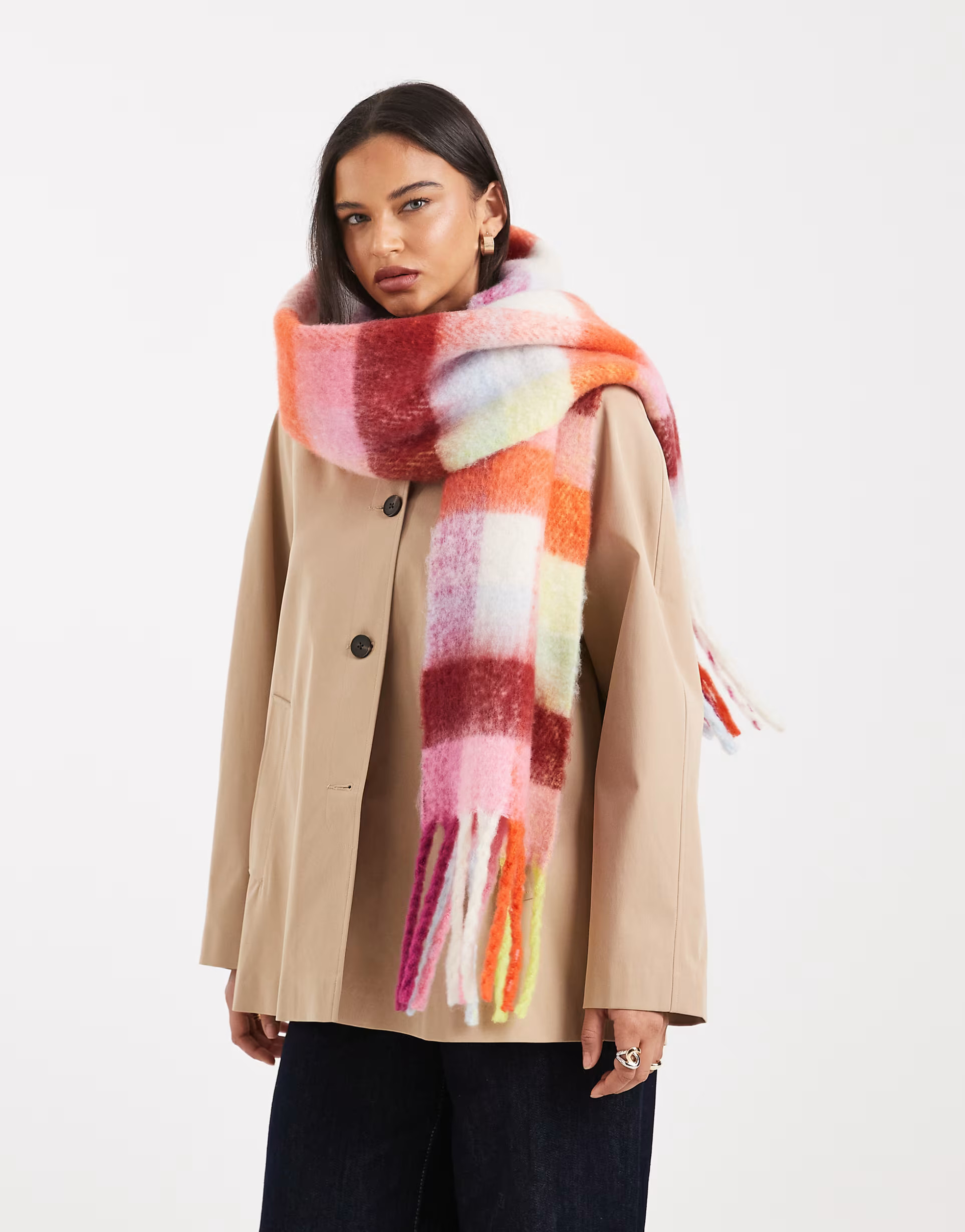 Pieces super soft tassel scarf in pink and red check | ASOS | ASOS (Global)