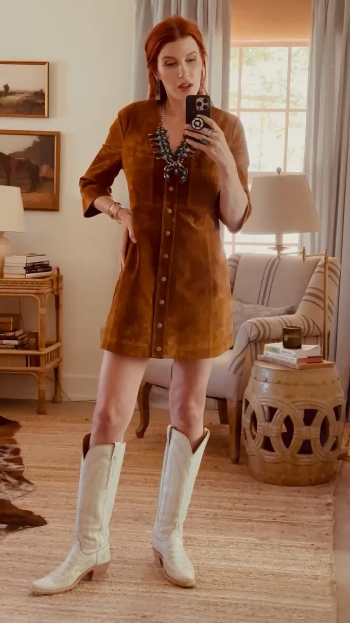Showing you another way to style this 3/4 length sleeve suede dress from Hunter Bell. This piece is definitely a hero piece and I’ve paired this look with my turquoise jewelry. The stitching on the dress ties into my boots nicely. This is a great look to wear for rodeo season coming up🤠

#LTKStyleTip #LTKSeasonal #LTKVideo