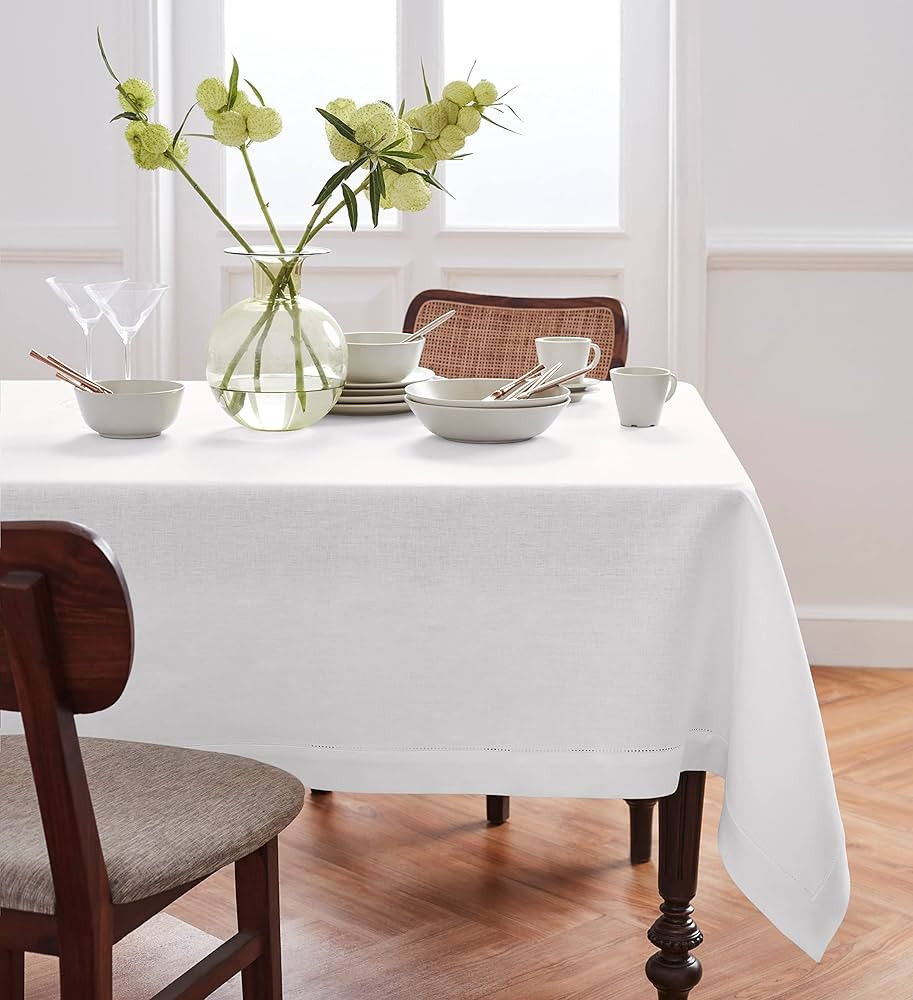Solino Home Linen Hemstitch Tablecloth White – 100% Pure Linen 60 x 120 Inch Rectangle Tableclo... | Amazon (US)