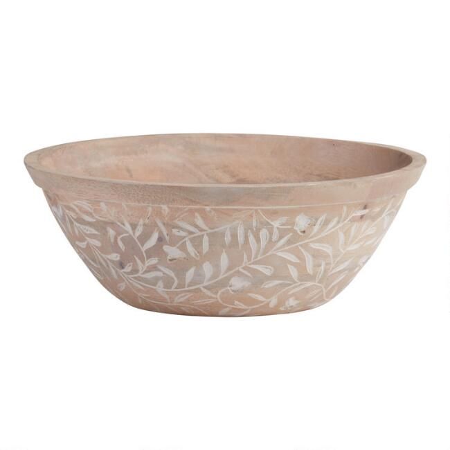 Large Whitewash Wood Etched Botanical Bowl | World Market