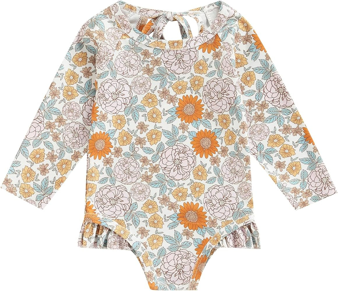 Karuedoo Baby Girls One Piece Swimsuit Zip Rash Guard Swimwear Ruffled Long Sleeve Bathing Suit | Amazon (US)