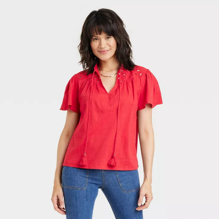 Women's Short Sleeve V-Neck Woven Eyelet Top - Knox Rose™ | Target