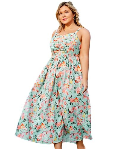 Hanna Nikole Women's Beach Long Dresses Smocked Back for Plus Size Women Casual Loose V Neck Dress 4X Safflower | Amazon (US)