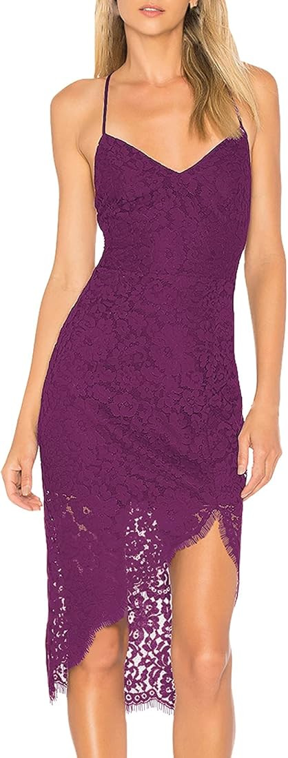 AOOKSMERY Women Summer V-Neck Spaghetti Straps Lace Backless Party Dress High Low Cocktail Bodycon M | Amazon (US)