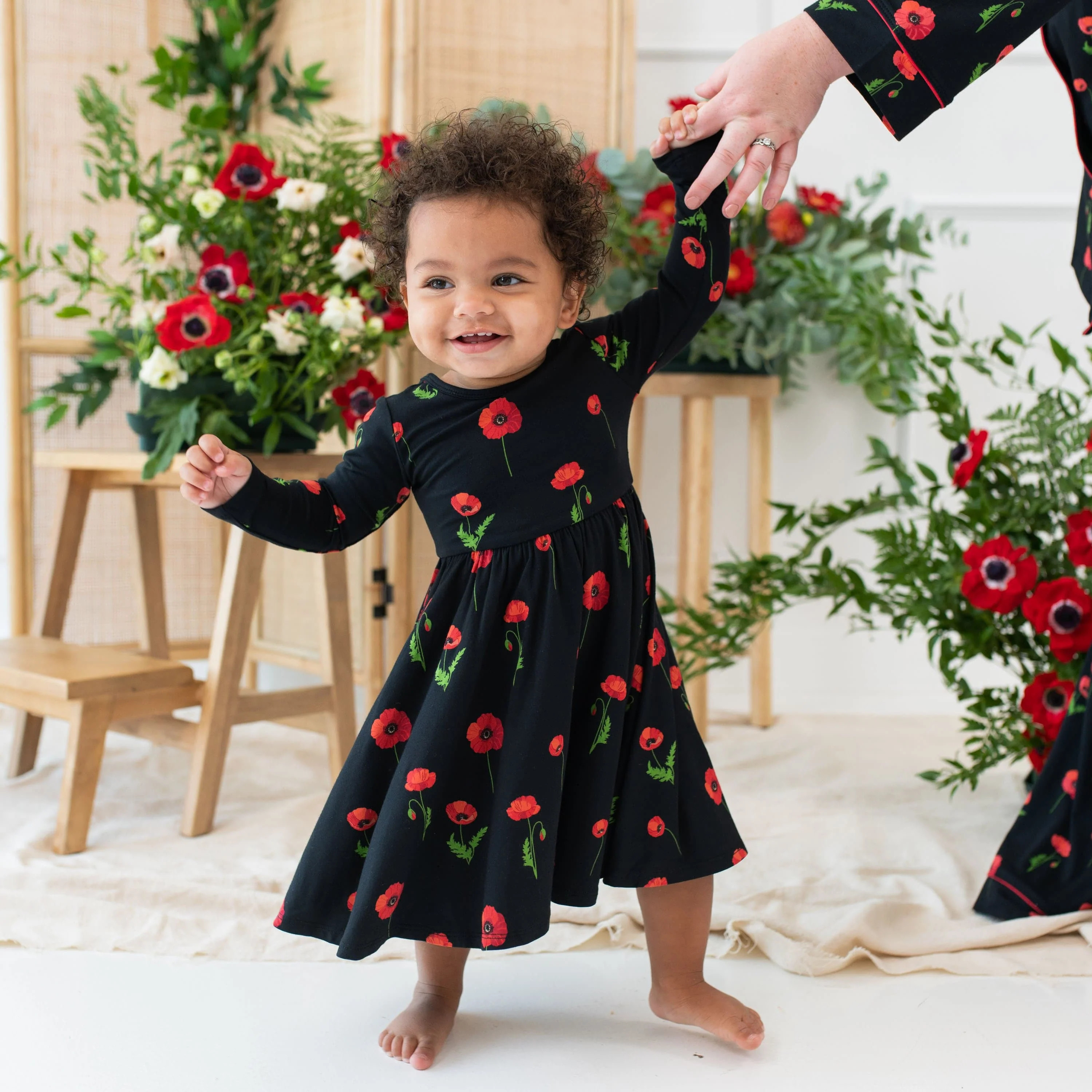 Long Sleeve Twirl Dress in Midnight Poppies | Kyte BABY