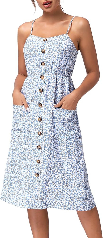 DREFBUFY Women's Midi Dress Sleeveless Spaghetti Strap Sundress A-Line Casual Summer Dresses with Po | Amazon (US)