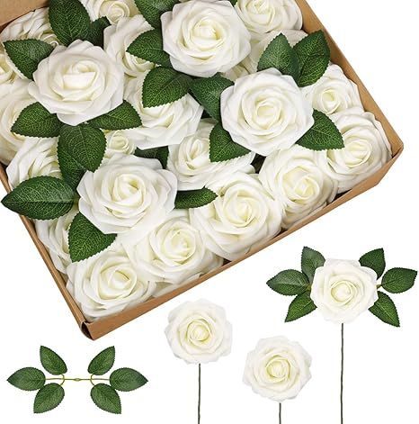 InnoGear Artificial Flowers, 50 Pcs Faux Flowers Fake Flowers Ivory Roses Perfect for DIY Wedding... | Amazon (US)