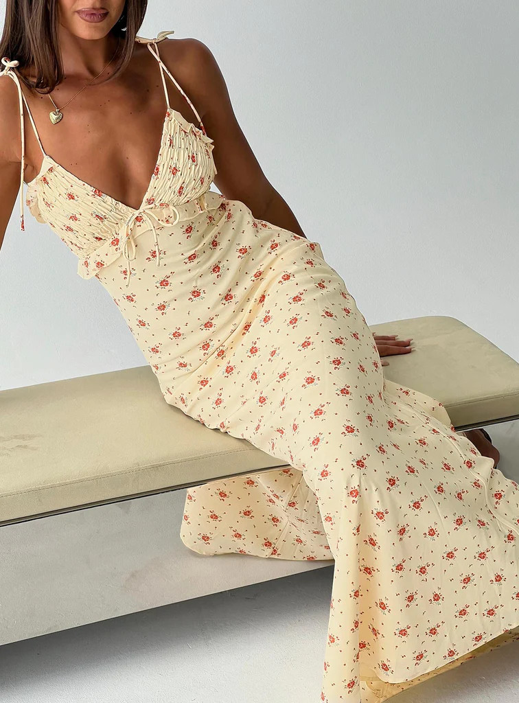 Morcar Frill V Neck Maxi Dress Yellow Floral | Princess Polly US