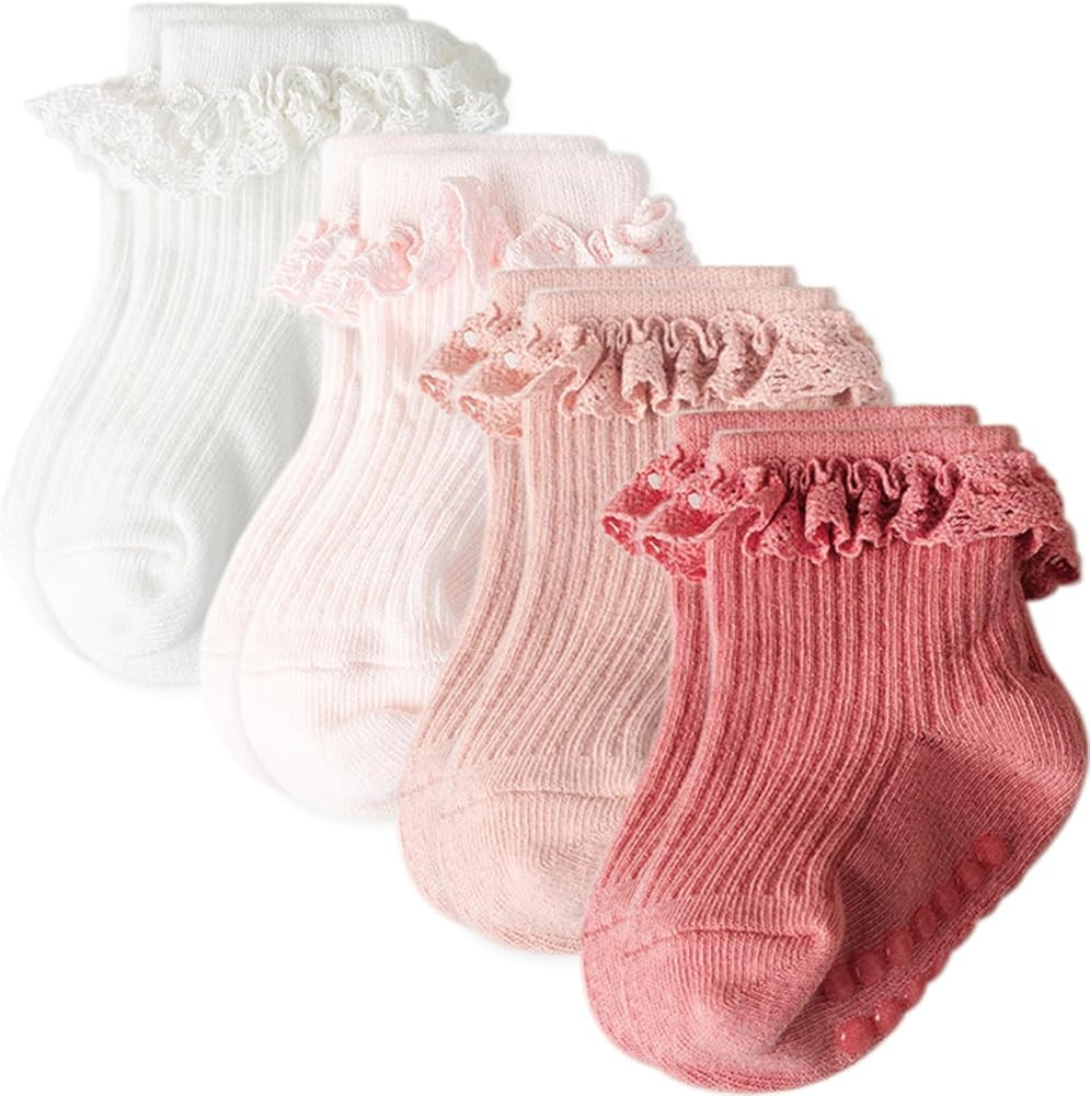 Baby Girl Toddlers Socks with Non-slip Grip Cute Frilly Ruffle Ankle Soft Cotton Newborn Baby Soc... | Amazon (US)
