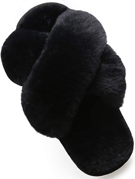 LightFun Girl's Fuzzy Fluffy Furry Slippers Fur Flip Flop Open Toe Slippers Cross Band Shoes Slid... | Amazon (US)