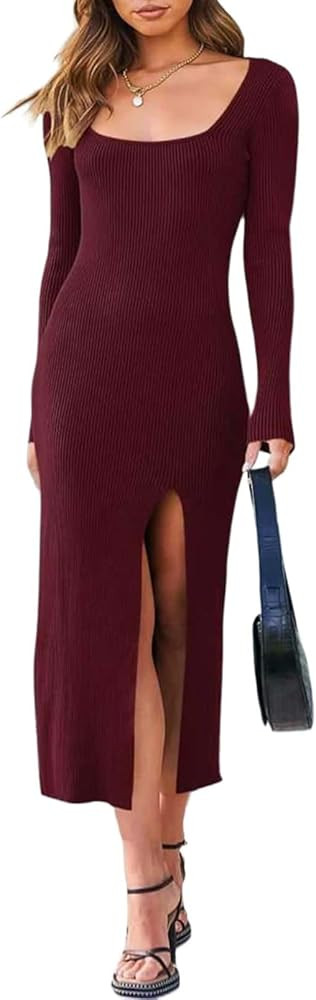 Dokotoo Women's Knitted Sweater Dress Long Sleeve Scoop Neck Ribbed Side Slit Bodycon Midi Dress | Amazon (US)