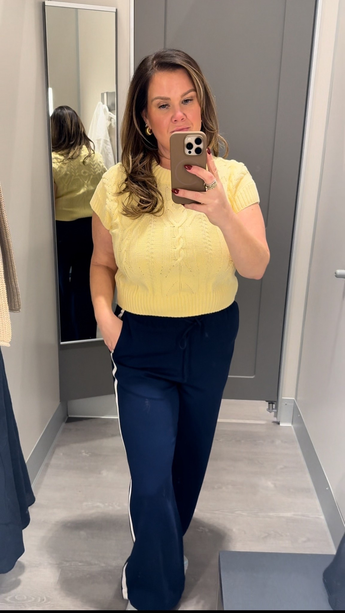 Track pants and a preppy sweater vest- yes please! 
This shade of yellow is so beautiful and these track pants are comfy with a drawstring stretch waist band and cotton stretch fabric all over 

Sizing Top Med 
Bottoms Lg 