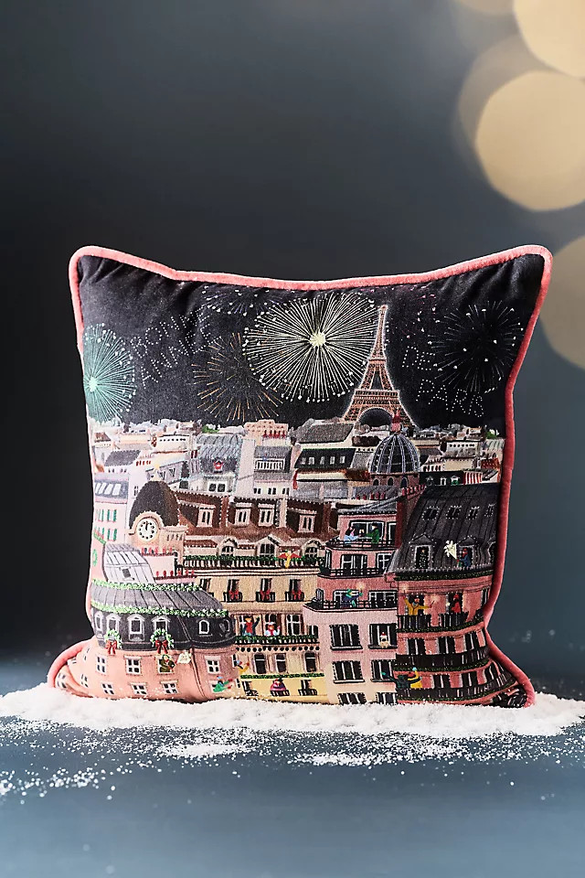 Holiday In The City Printed Cotton Pillow | Anthropologie (US)