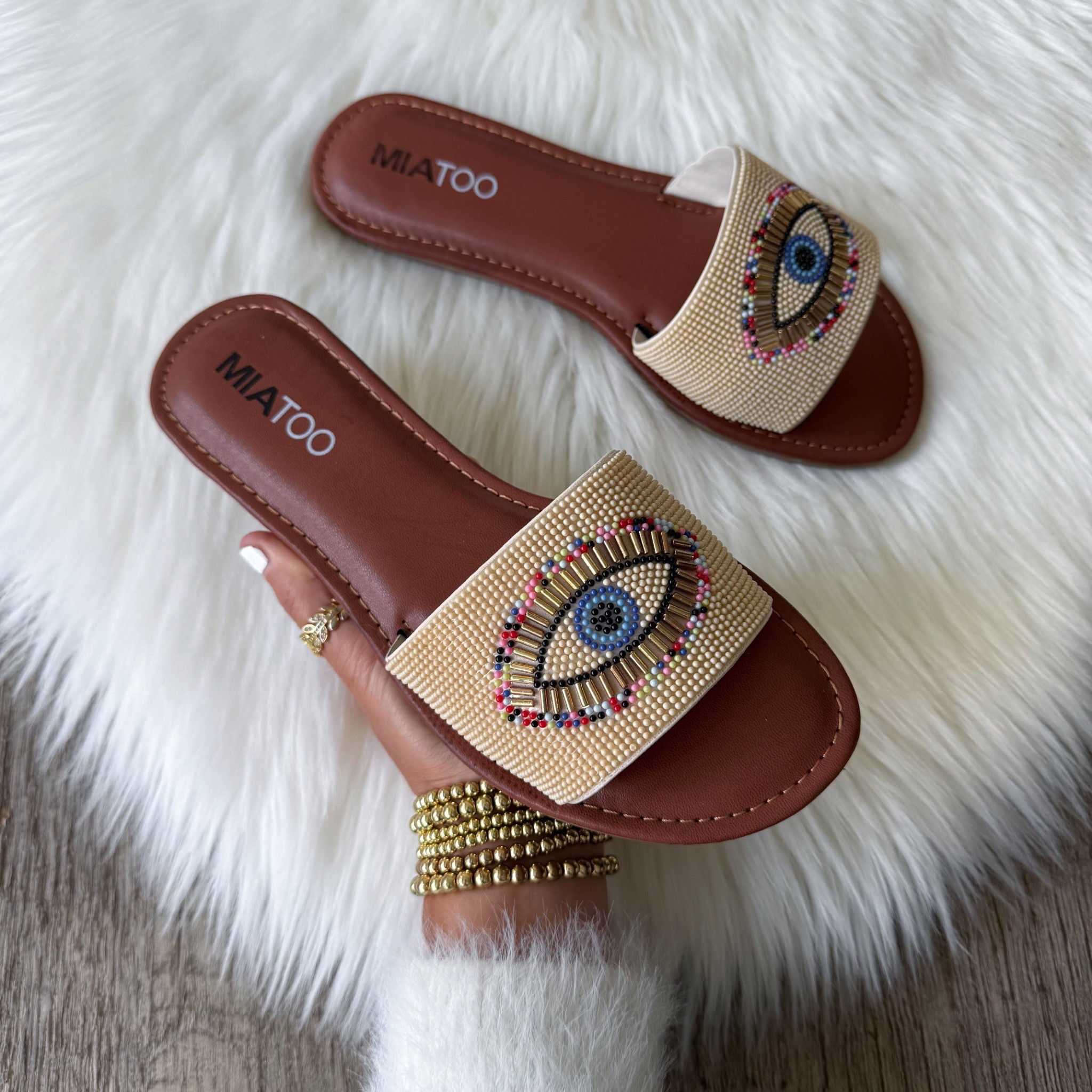 MIA TOO Women's Kara Beaded Eye Slide Sandal
