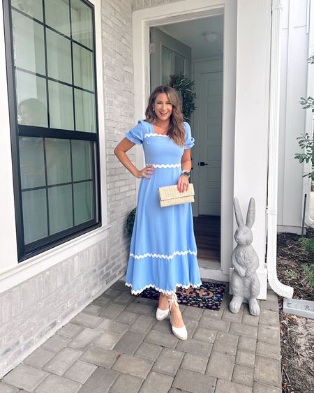 In a small square neck maxi, straw clutch, tie up espadrille wedges and accessories for spring/Easter - all fits TTS.

#LTKstyletip #LTKSeasonal #LTKfindsunder50