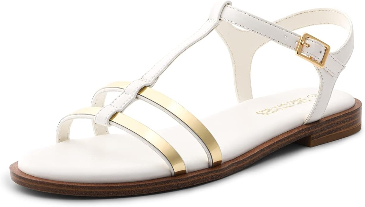 DREAM PAIRS Women's T-Strap Gladiator Flat Sandals with Open Toe Strappy Metal Buckle for Summer | Amazon (US)