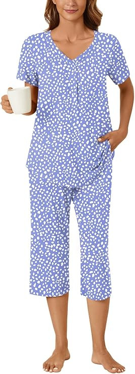 Bestbee Women's Pajama Sets 2 Piece Lounge Outfits Summer Sleepwear V Neck Short Sleeve Capri Pan... | Amazon (US)